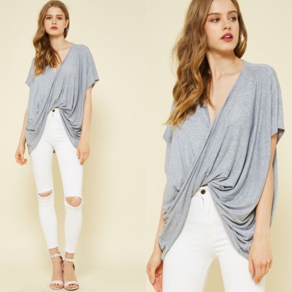 Cozy Oversized Grey Twist Hem Dolman Sleeve Top - Picture 1 of 5